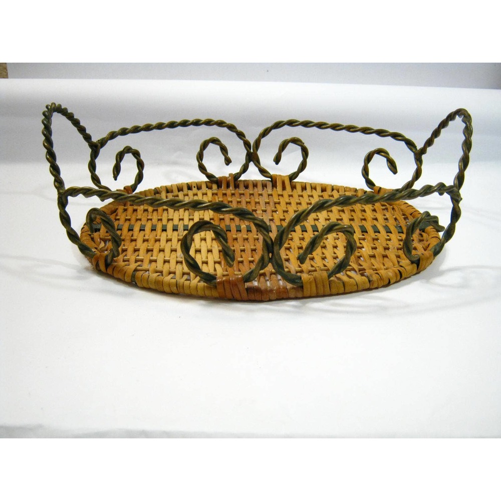 Older Vintage Wicker Decorative Antiqued Iron Vanity Tray Basket  11x8 inch